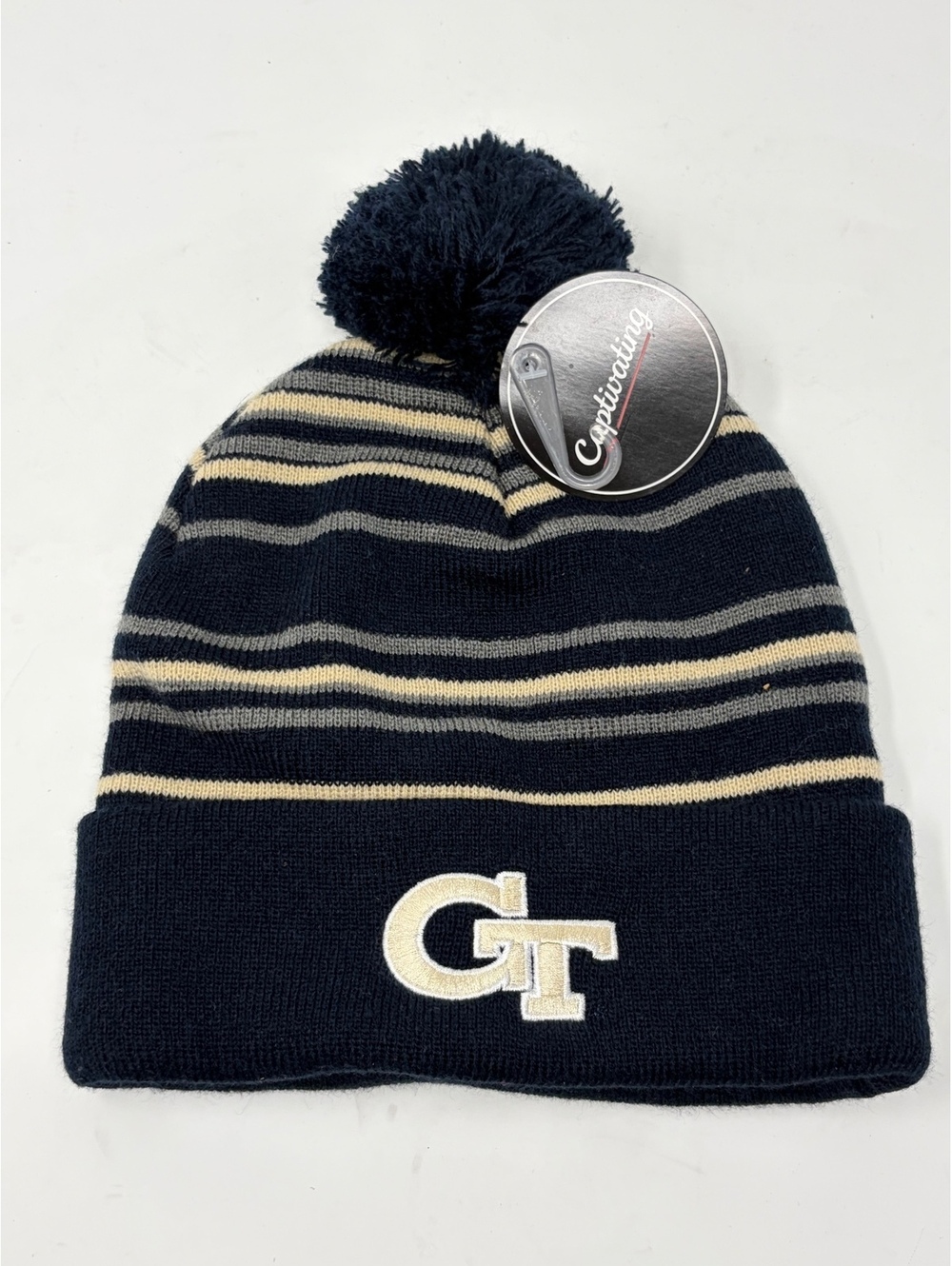 Capitulado Georgia Tech Striped Pom Pom Beanie Hat